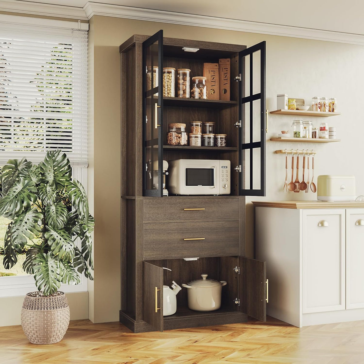 75.6" Tall 4 Door Adjustable Shelves Kitchen Pantry Cabinet Walnut K29258