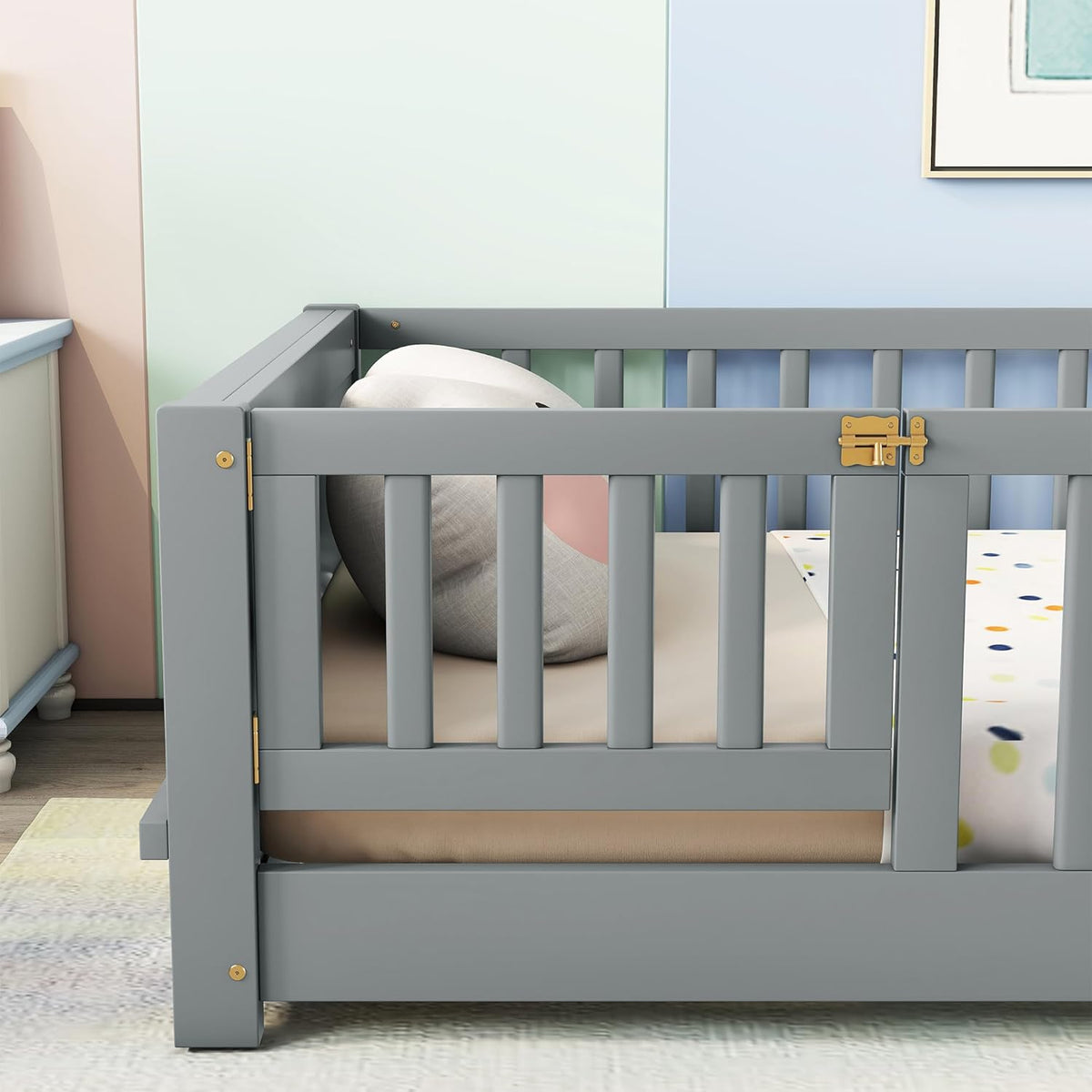Twin Size Solid Wood Floor Bed with Safety Guardrails and Book Storage Rack, Gray V560