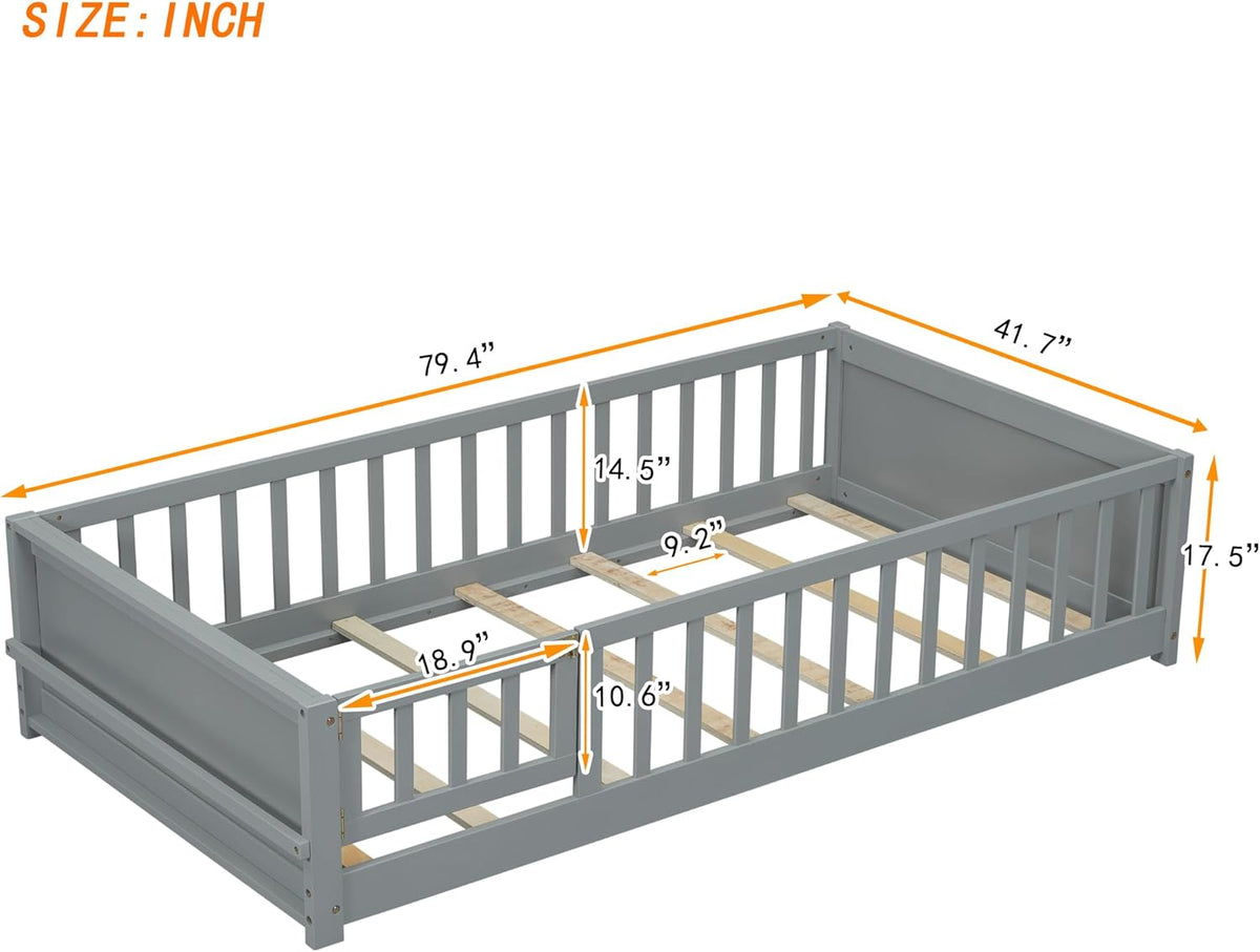 Twin Size Solid Wood Floor Bed with Safety Guardrails and Book Storage Rack, Gray V560
