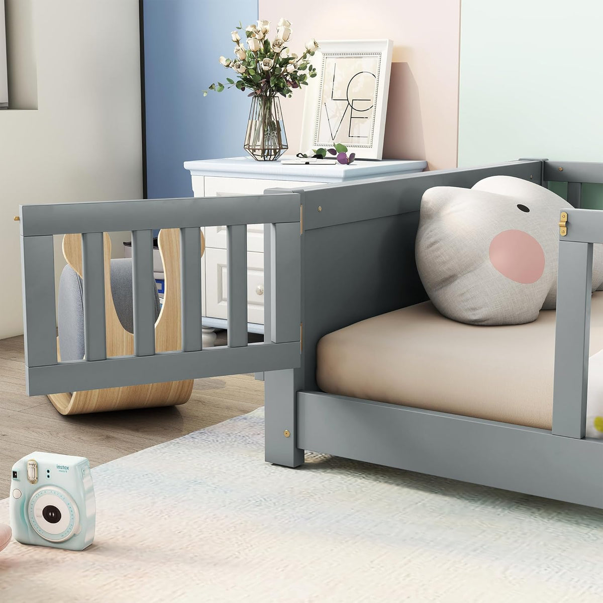 Twin Size Solid Wood Floor Bed with Safety Guardrails and Book Storage Rack, Gray V560