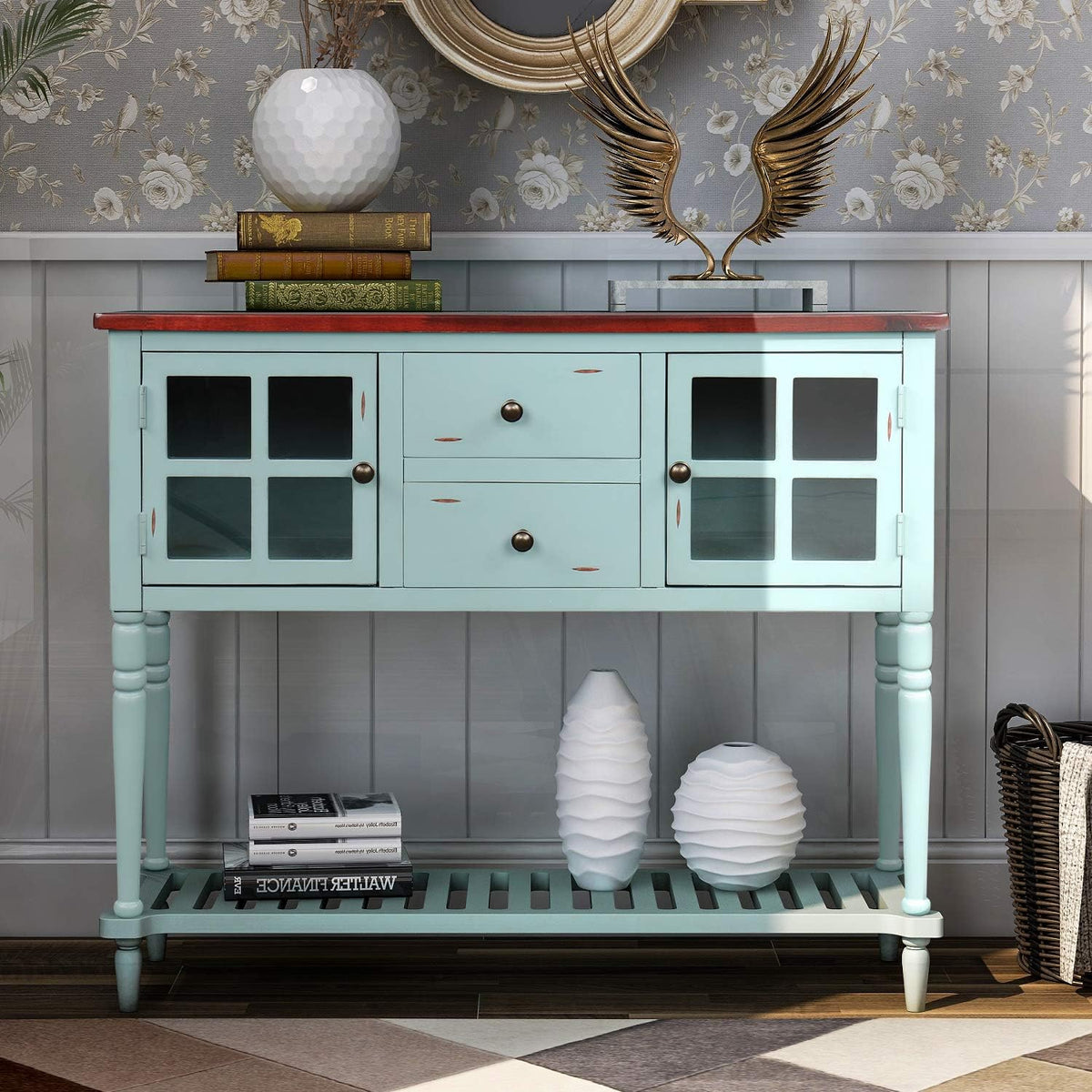 Antique Gray Console Table with Glass Doors and Drawers T126648