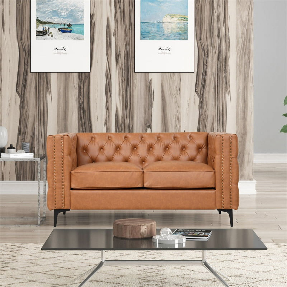 3-PC Leather Loveseat and 2 Chairs Set Saddle Brown V267211
