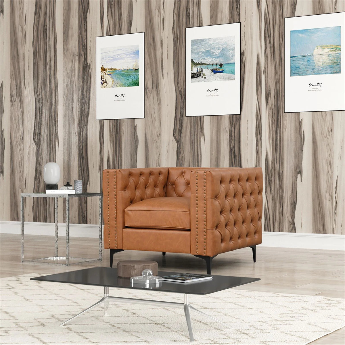 3-PC Leather Loveseat and 2 Chairs Set Saddle Brown V267211