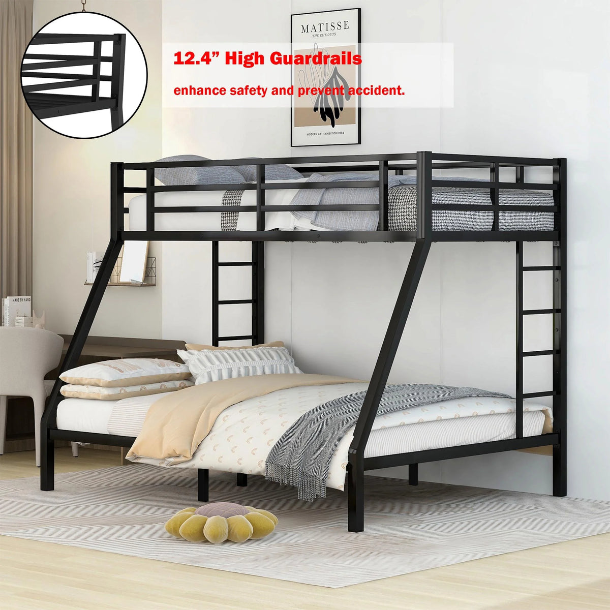 Black Twin XL over Queen Metal Bunk Bed with Ladder and Guardrails L73360
