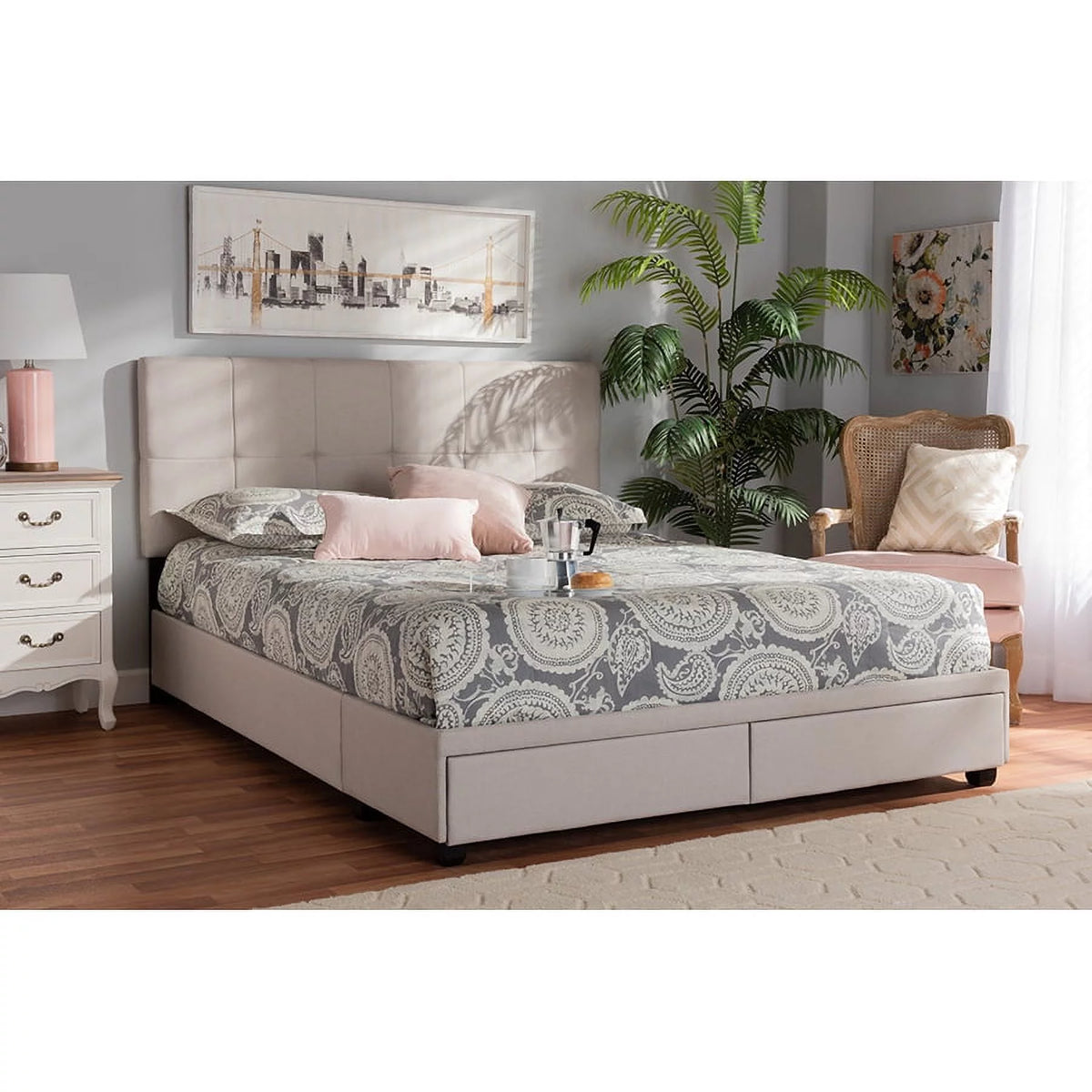 Beige Fabric Upholstered 2-Drawer King Size Platform Storage Bed B7877