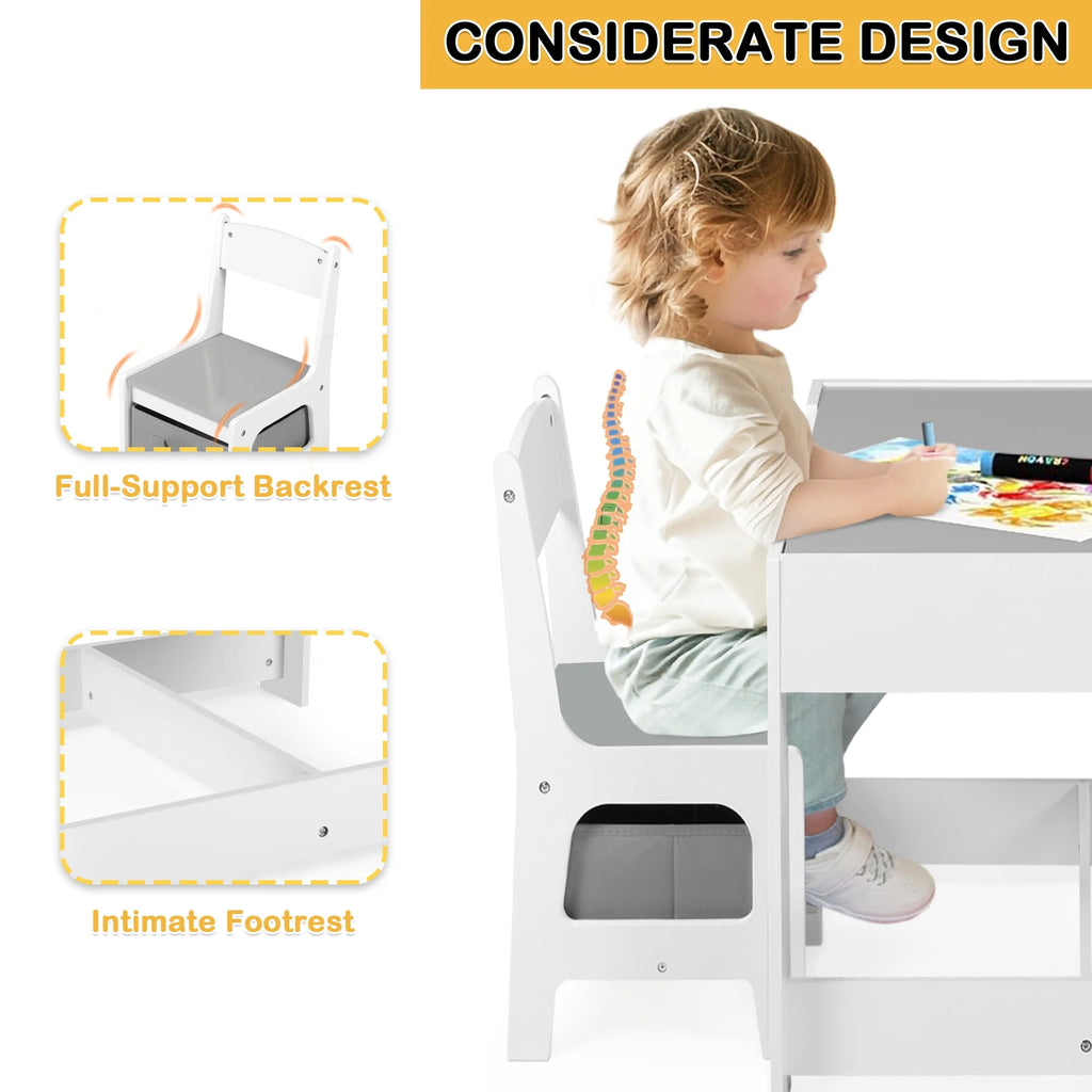 3 in 1 Kids Wood Table & 2 Chairs Set Grey F292505