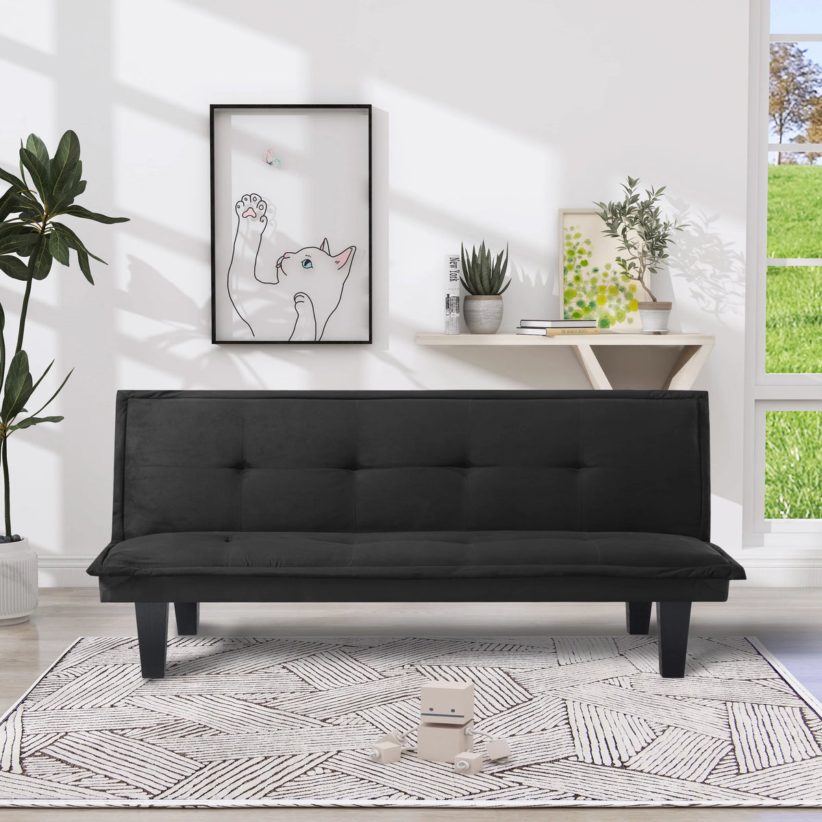 63.8 inch Tufted Convertible Sleeper Futon Sofa Faux Suede Black J1180