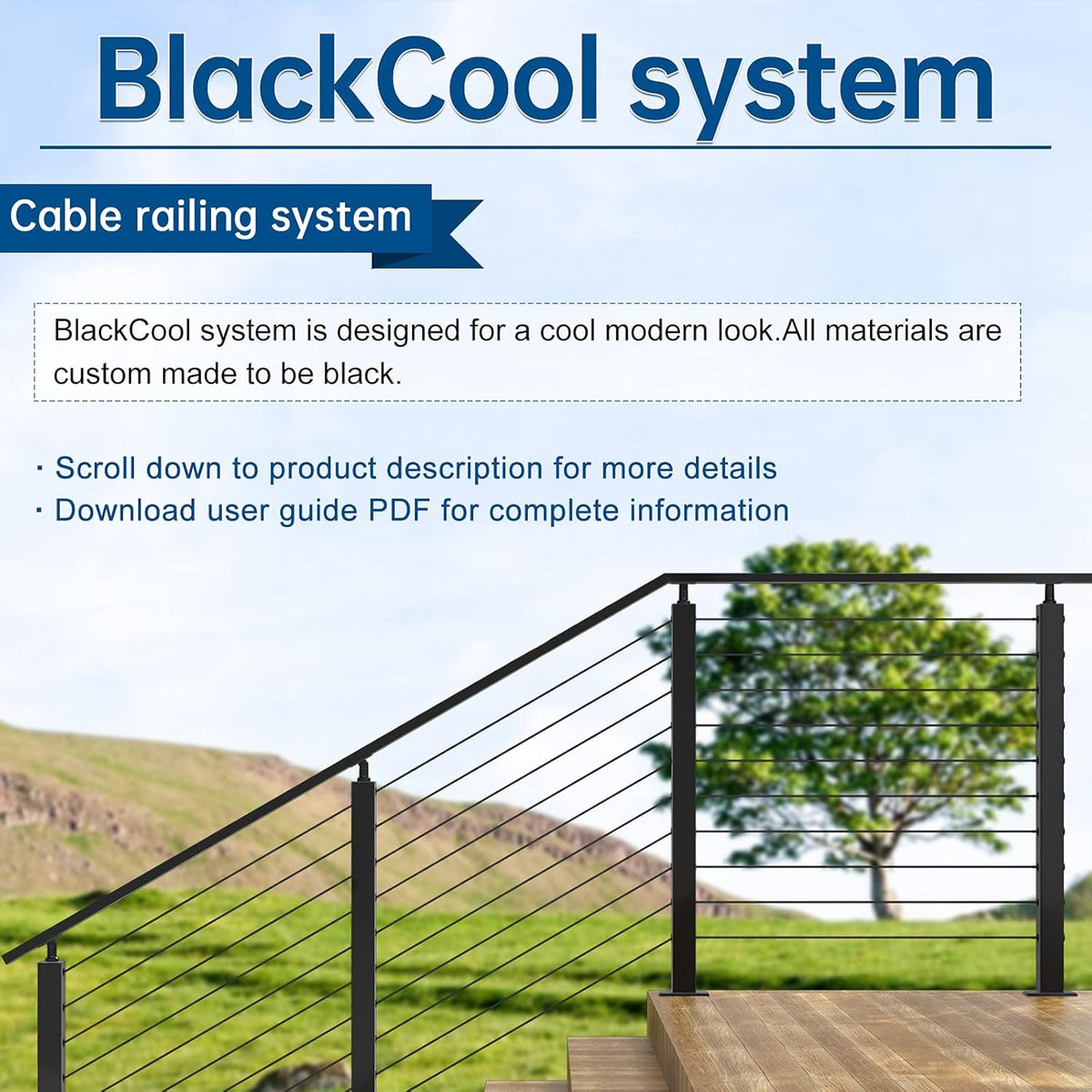 Black 30 Degree Stair Pre-Drilled Angle Holes 36x2x2 Stainless Steel Square Weldless Cable Railing Post V78720