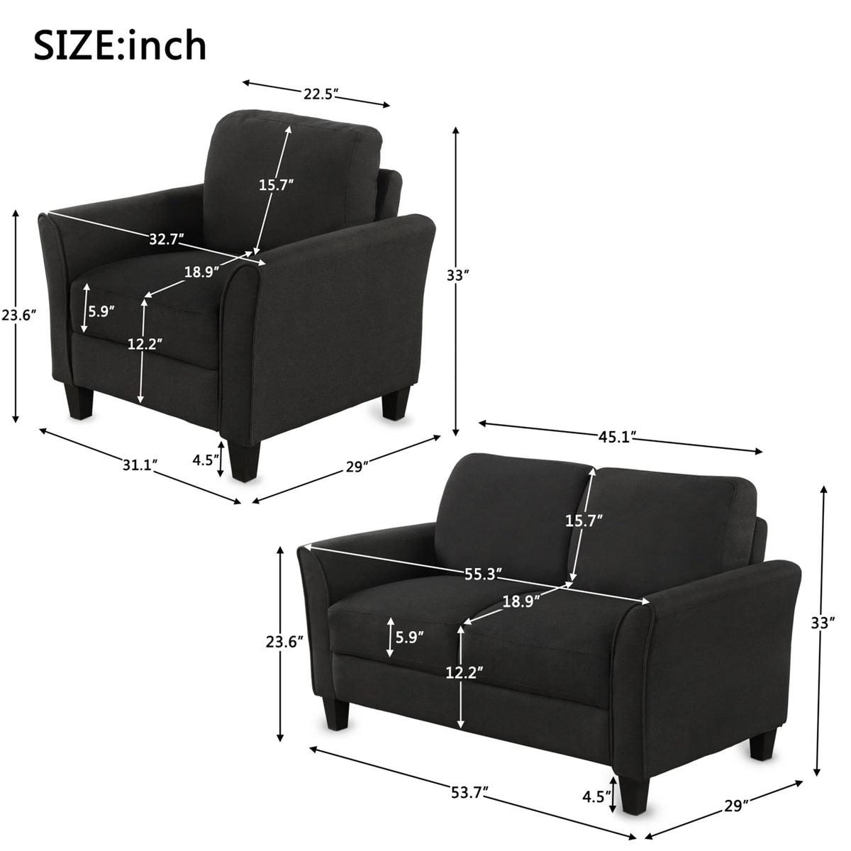 Grey Tight Back Armrest Chair and Loveseat Sofa A1690