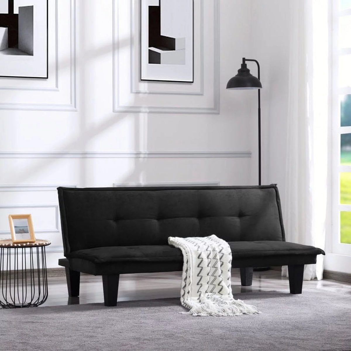 63.8 inch Tufted Convertible Sleeper Futon Sofa Faux Suede Black J1180