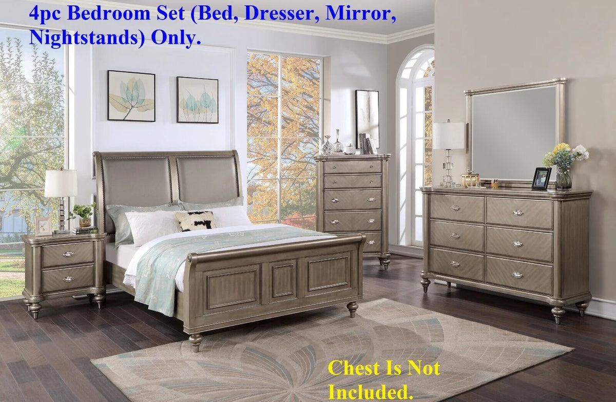 Grey 4p California King Size Bed Dresser Mirror Nightstand D207278