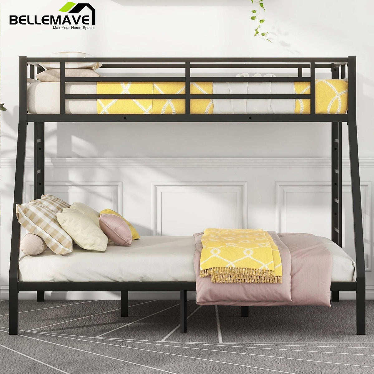 Black Twin XL over Queen Metal Bunk Bed with Ladder and Guardrails L73360