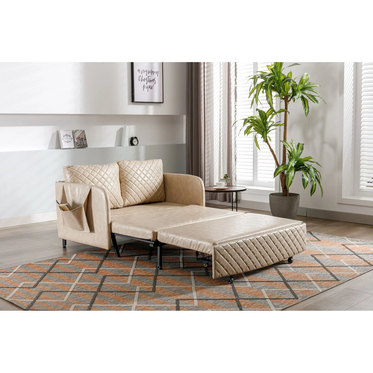 Beige Linen Convertible Sleeper Sofa Bed with Storage B39873