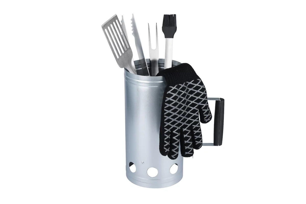 Steel Charcoal Chimney 6pc Value Set with Spatula, Basting Brush, BBQ Fork, Tongs and Heat Resistant Glove R815271