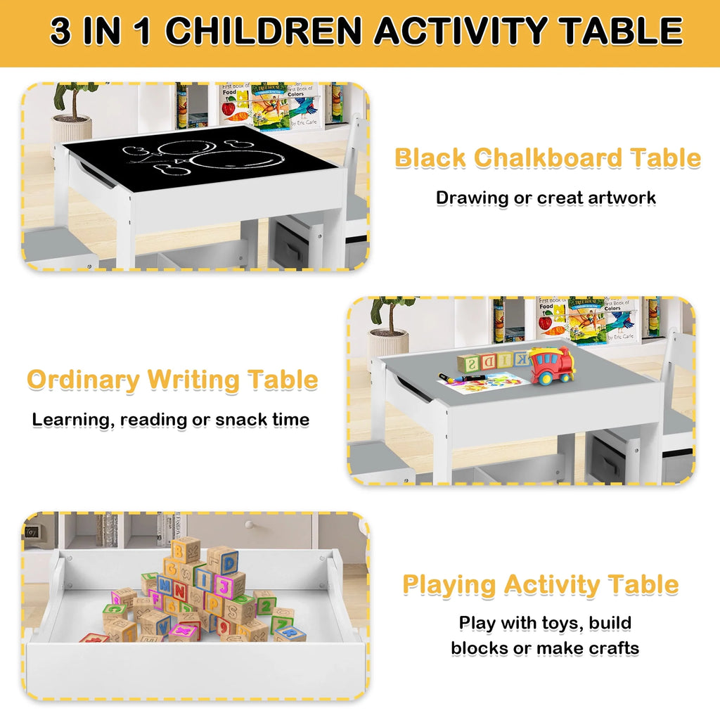 3 in 1 Kids Wood Table & 2 Chairs Set Grey F292505