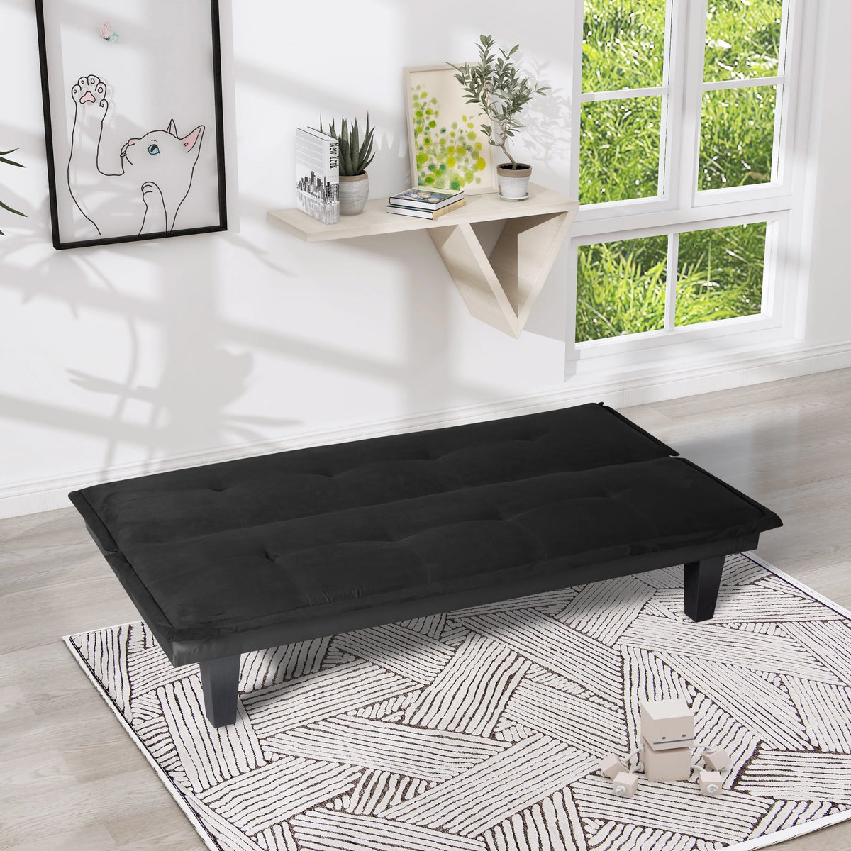 63.8 inch Tufted Convertible Sleeper Futon Sofa Faux Suede Black J1180