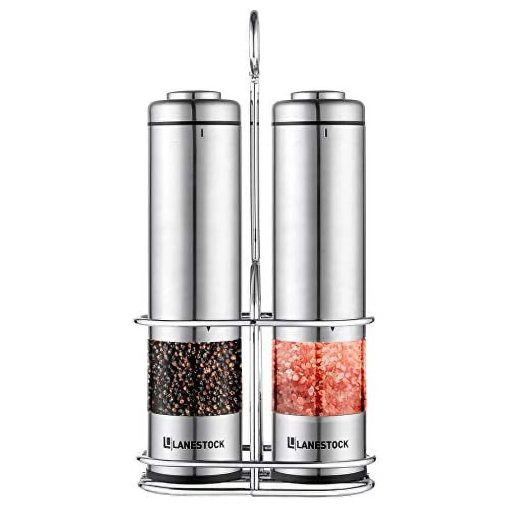 Battery Operated Stainless Steel Salt and Pepper Grinder Set with Stand U6141