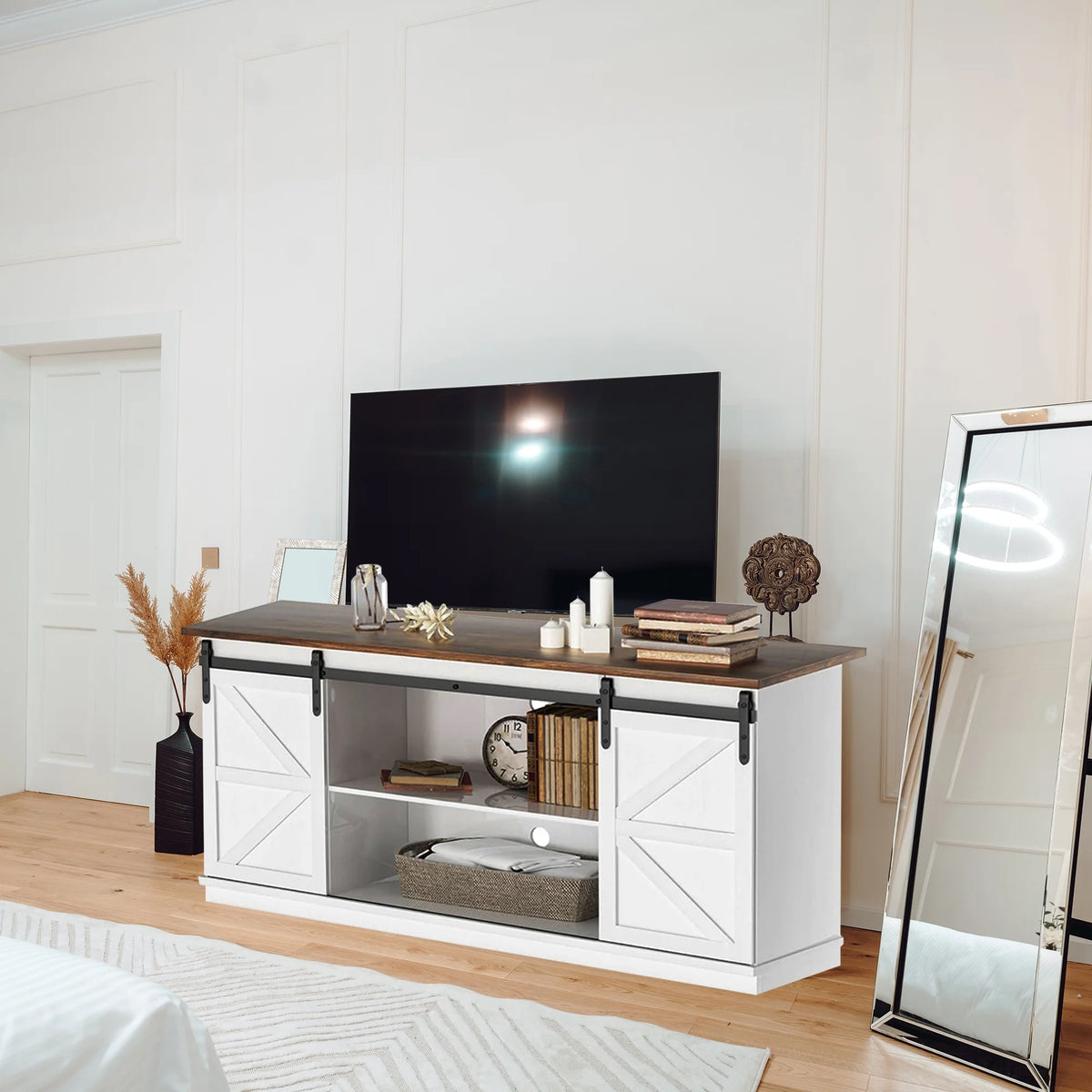 Farmhouse TV Stand with Sliding Barn Door I717855
