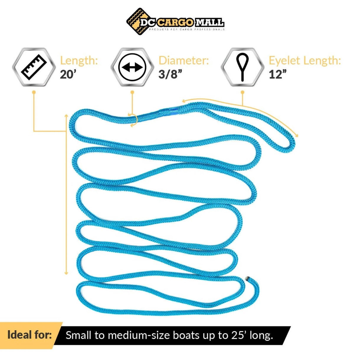 Marine-Grade Double-Braided Nylon Dock Line with 12” Eyelet F379