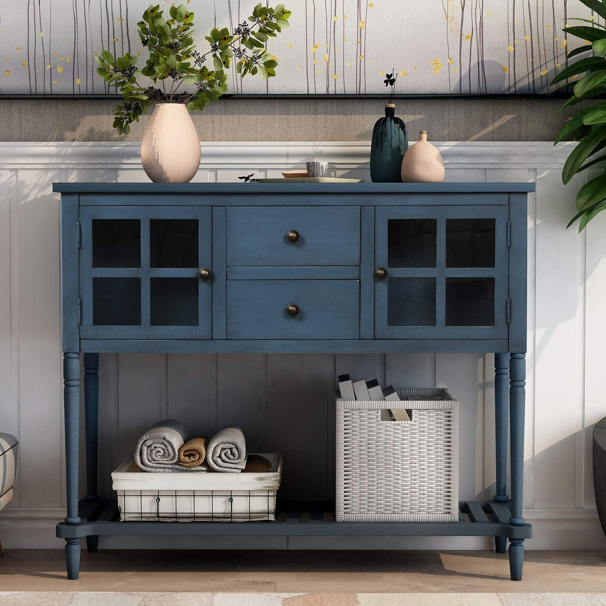 Antique Gray Console Table with Glass Doors and Drawers T126648