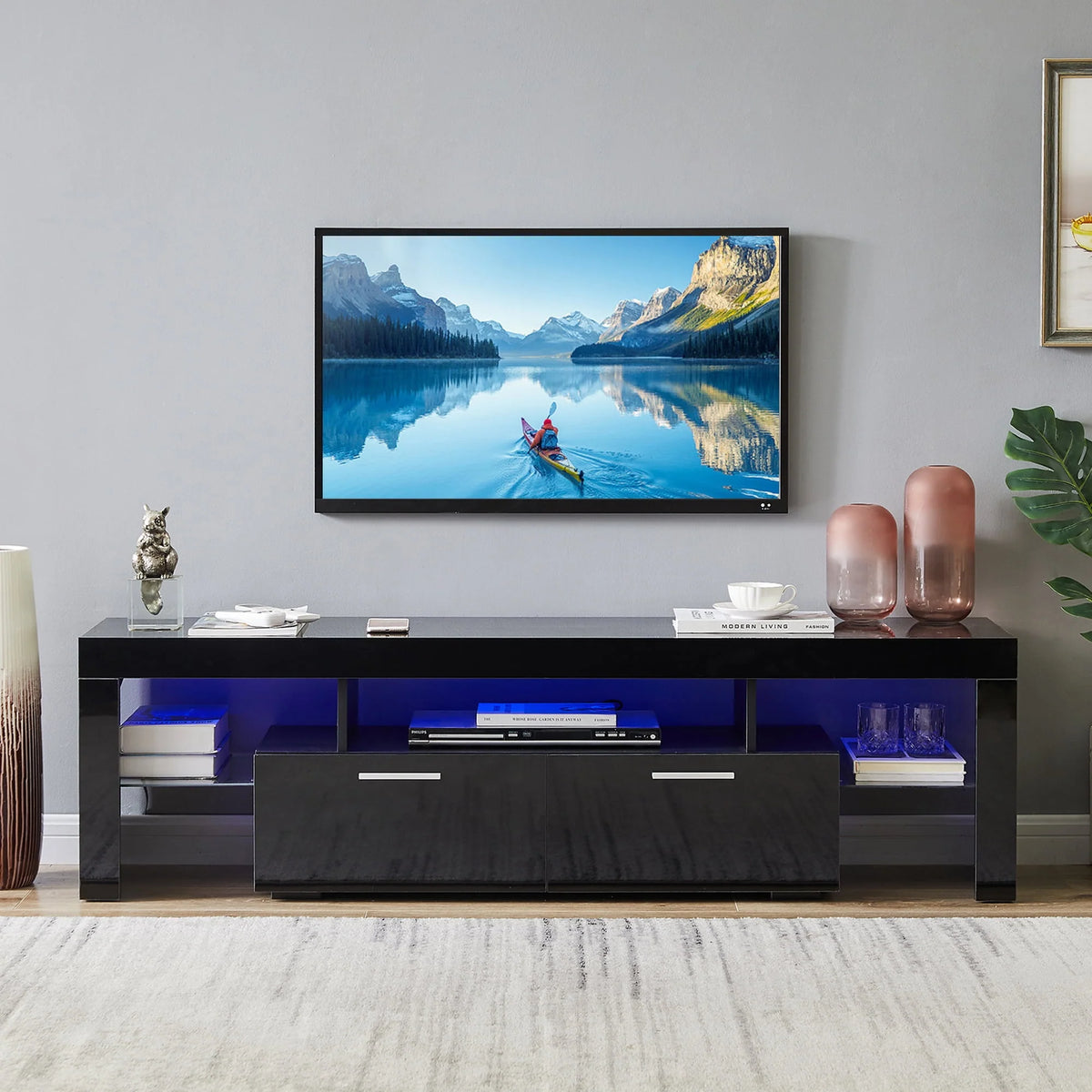 White High Gloss TV Stand with LED Lights and Storage Shelves T9833