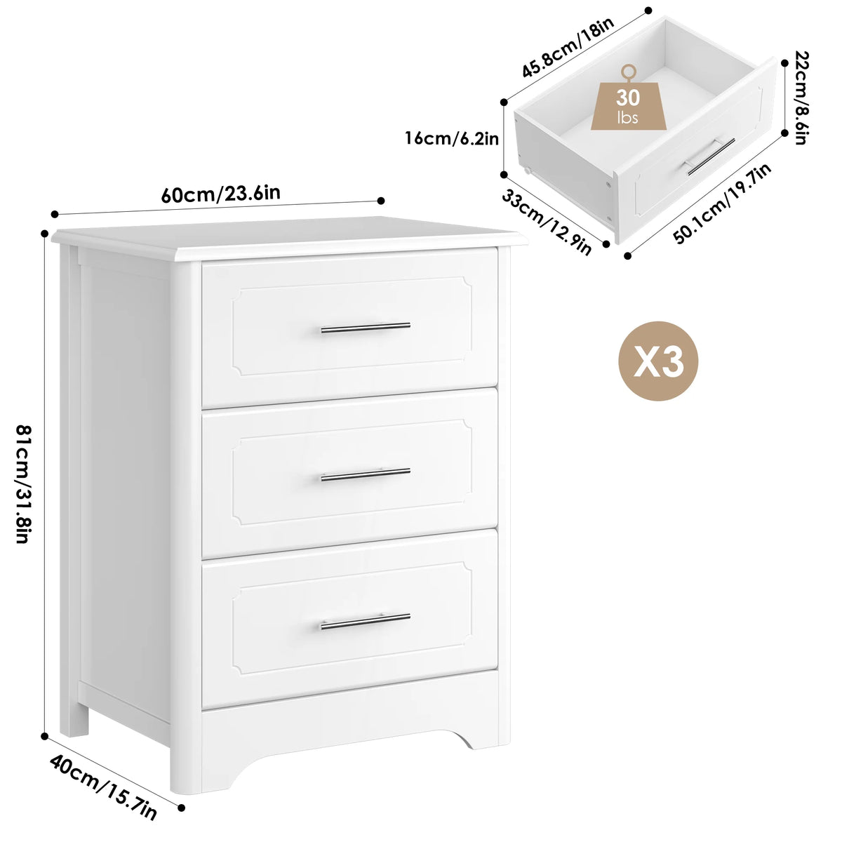White 3 Drawer Dresser P282