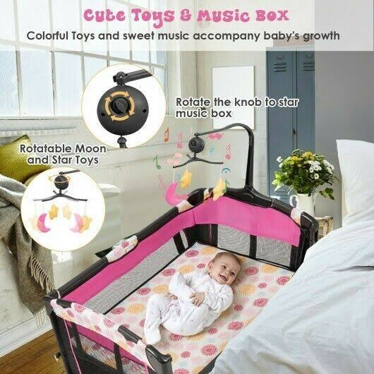 Pink Convertible Portable Baby Playard with Music Box Wheel and Brakes U24587