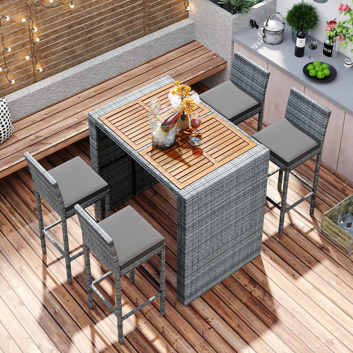 5-pieces Outdoor Patio Wicker Bar Set Q46588