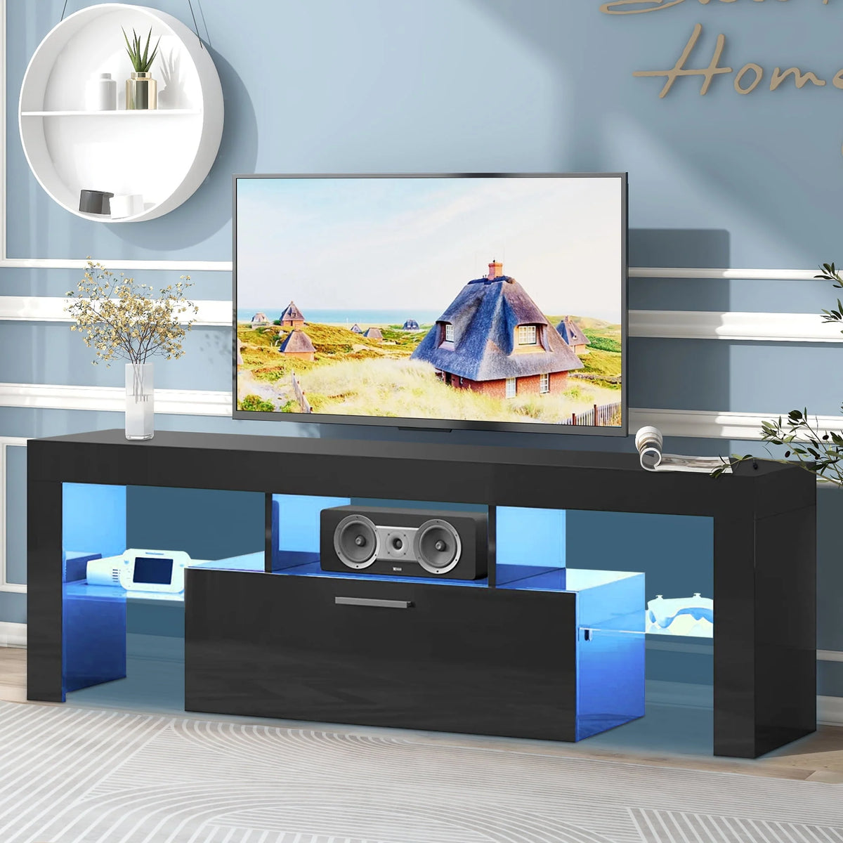 White High Gloss TV Stand with LED Lights and Storage Shelves T9833