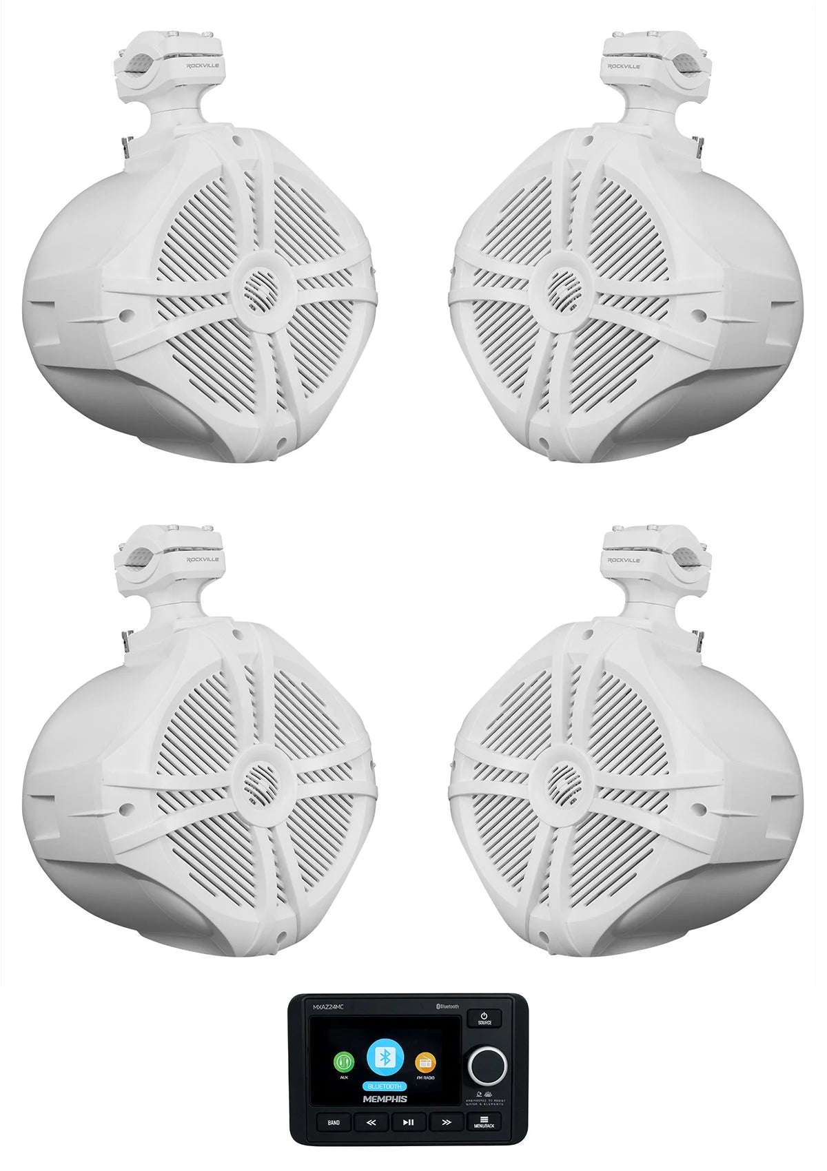 2-Zone Marine Bluetooth Receiver with 4 White 8" Wakeboard Speakers R7295
