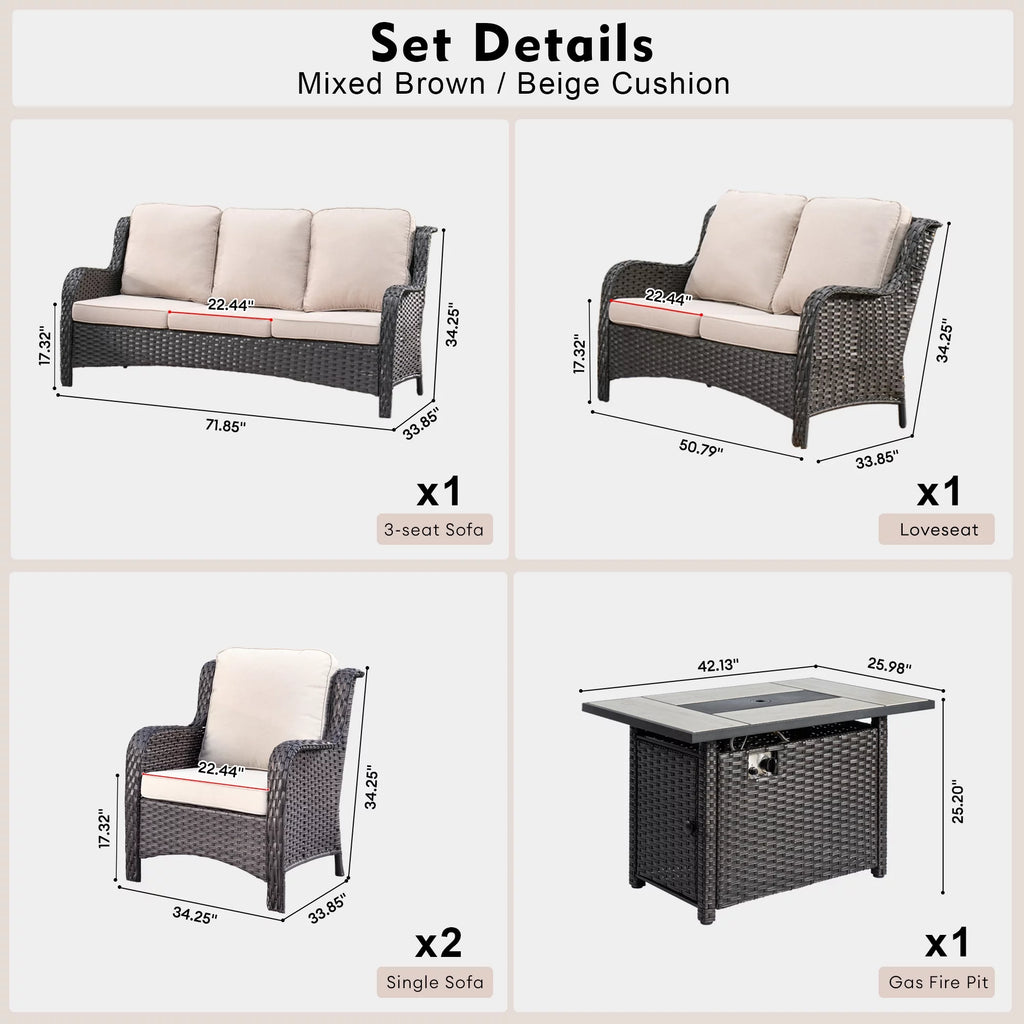 5 Pieces Wicker Patio Sectional Sofa with Fire Pit Table A20001