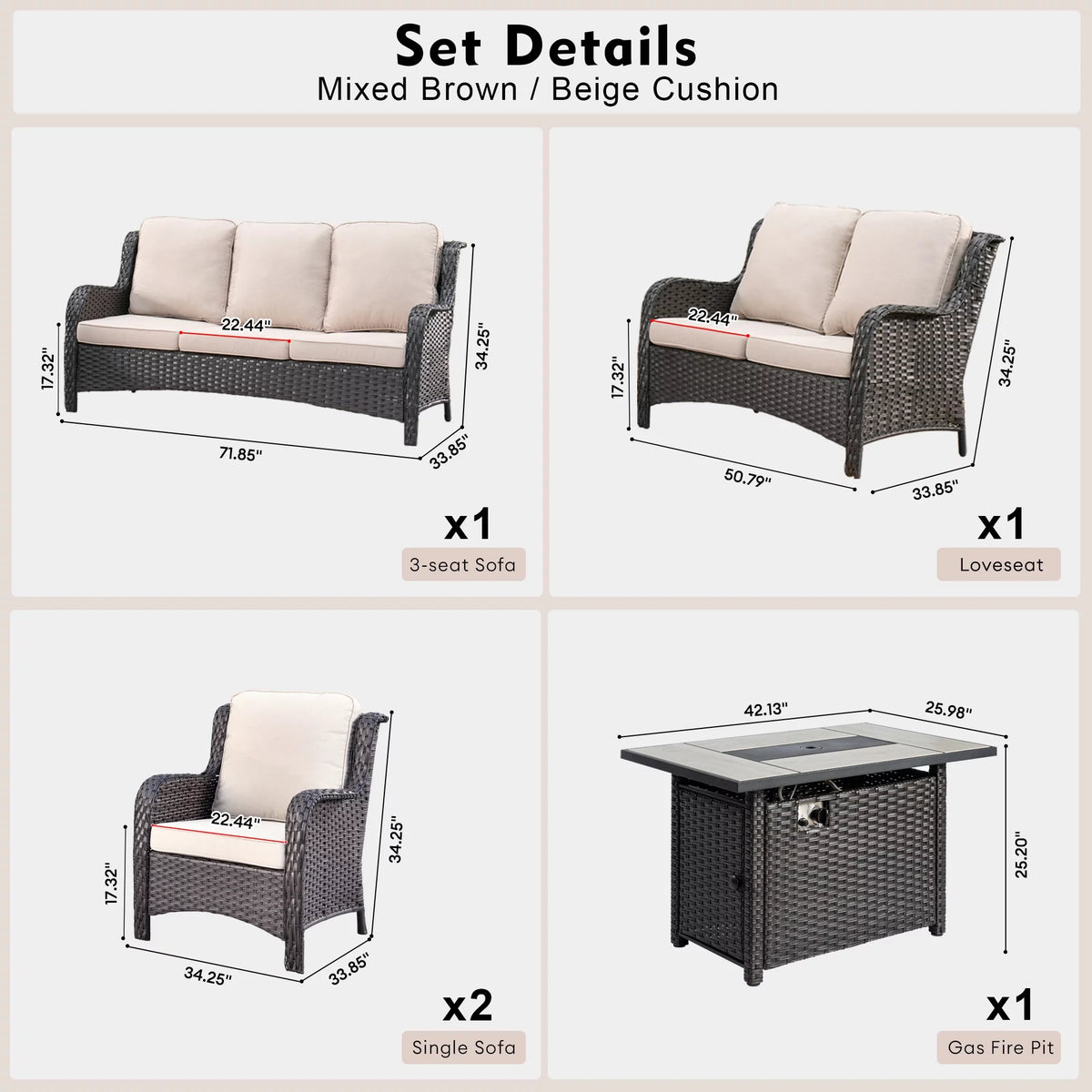 5 Pieces Wicker Patio Sectional Sofa with Fire Pit Table A20001