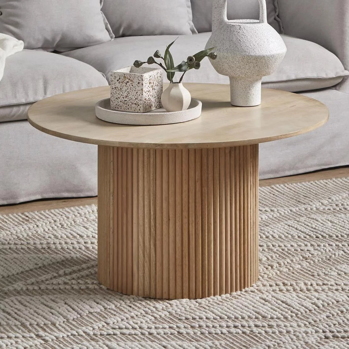 Round Wood Coffee Table with Pedestal End Table Natural 35.5" W471712